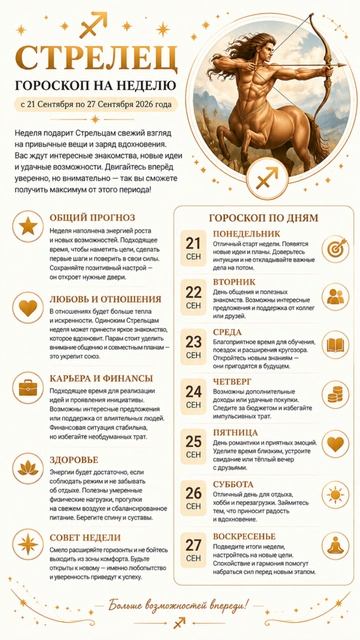 Стрелец  Полный гороскоп на неделю с 21 по 27 Сентября 2026 г