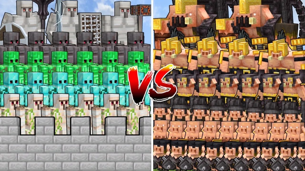 Армия пиглинов VS замок големов — битва мобов в Minecraft!