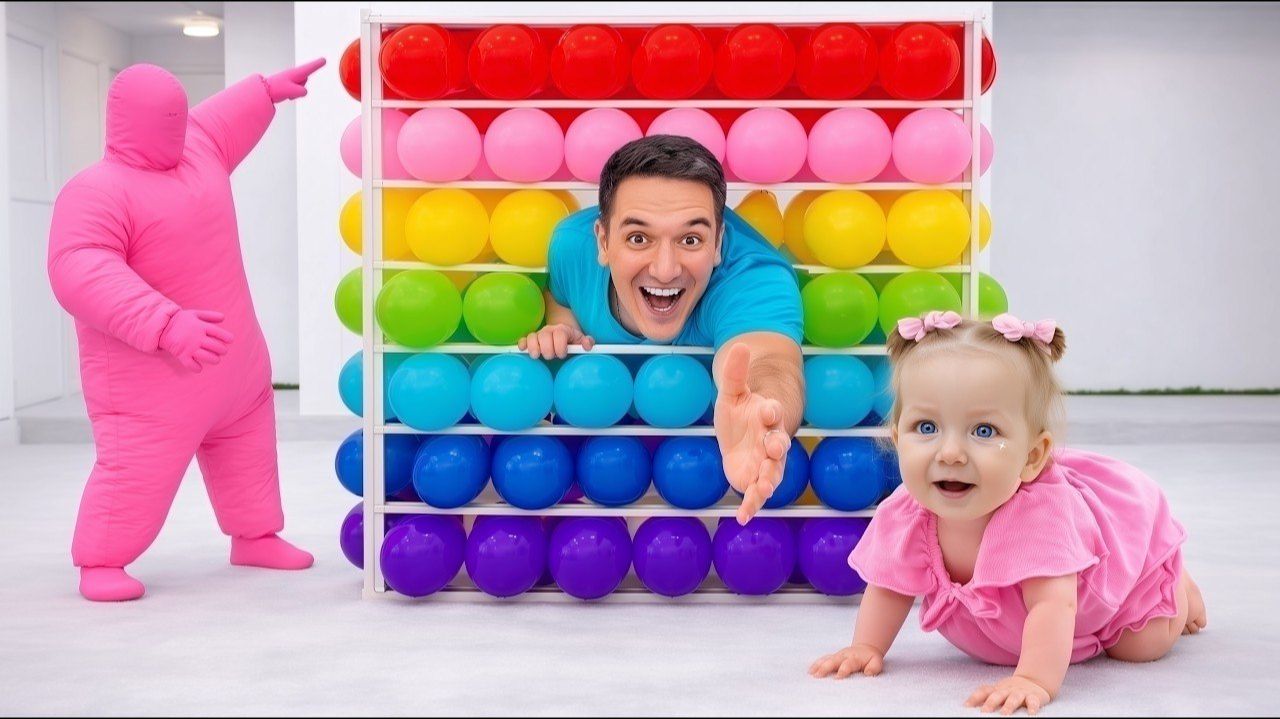 Челлендж с кубом из шариков! Ева освобождает папу из цветной тюрьмы