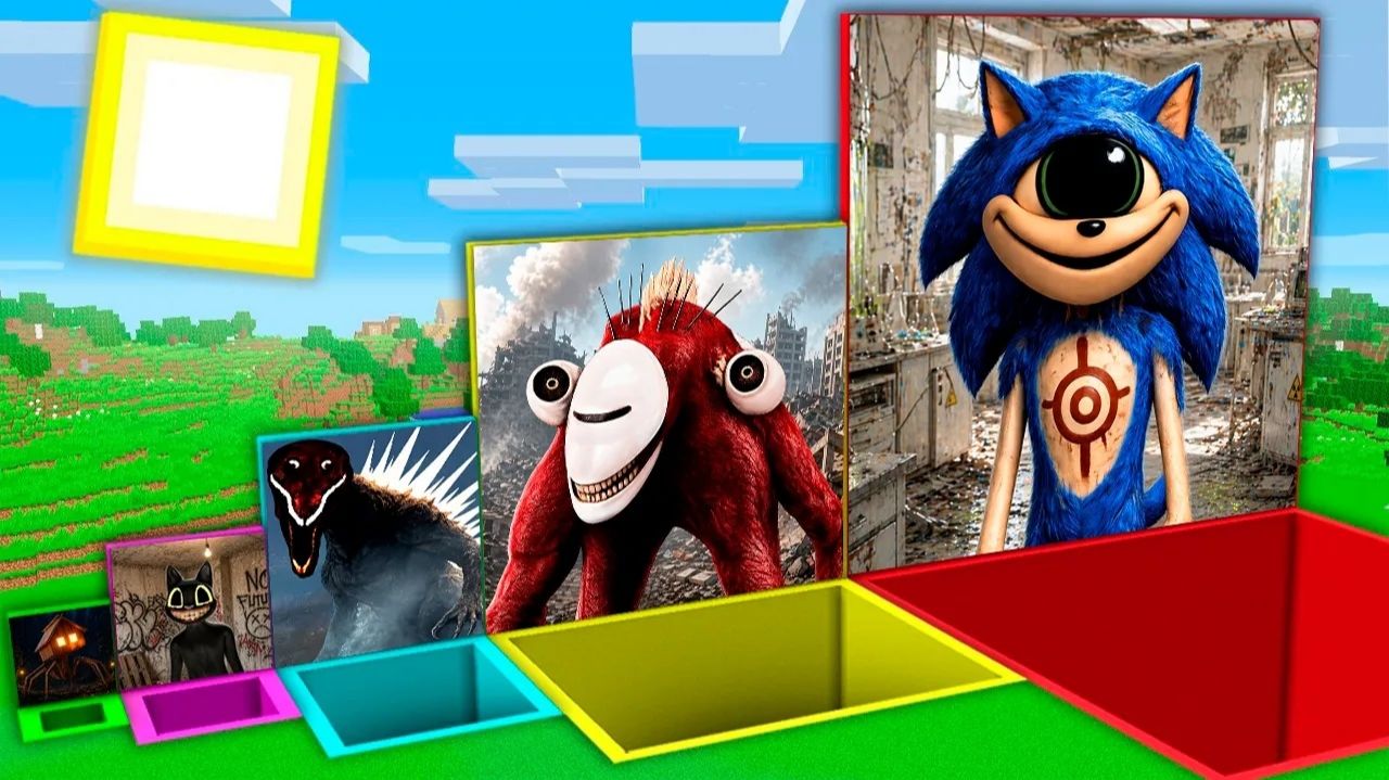 Что внутри ям разного размера с Cartoon Cat, Infected Sky и Sonic.EYX в Minecraft?