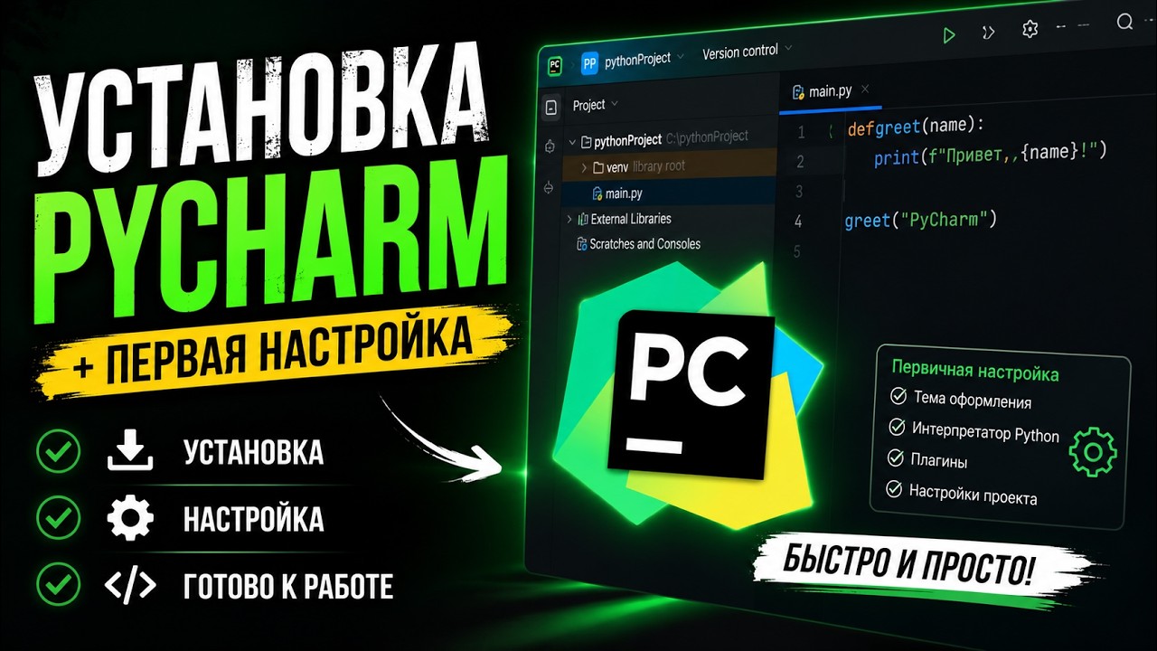 Установка и первая настройка PyCharm | Полный гайд для начинающих (2026)