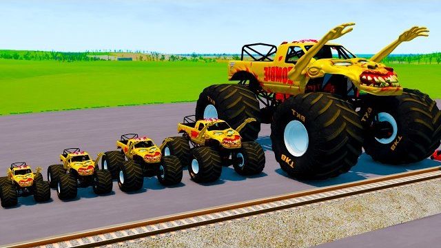 Большой и маленький монстр-траки на огромных колесах против поезда | BeamNG.drive