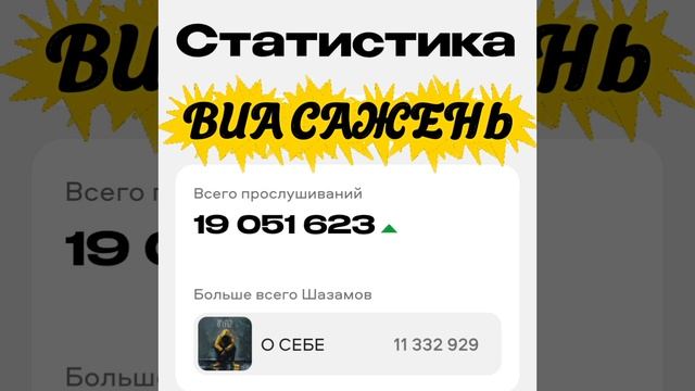 ВИА САЖЕНЬ!
Друзья мои, пройден рубеж в ДЕВЯТНАДЦАТЬ МИЛЛИОНОВ  прослушиваний.
И всё это за ОДИННАДЦ