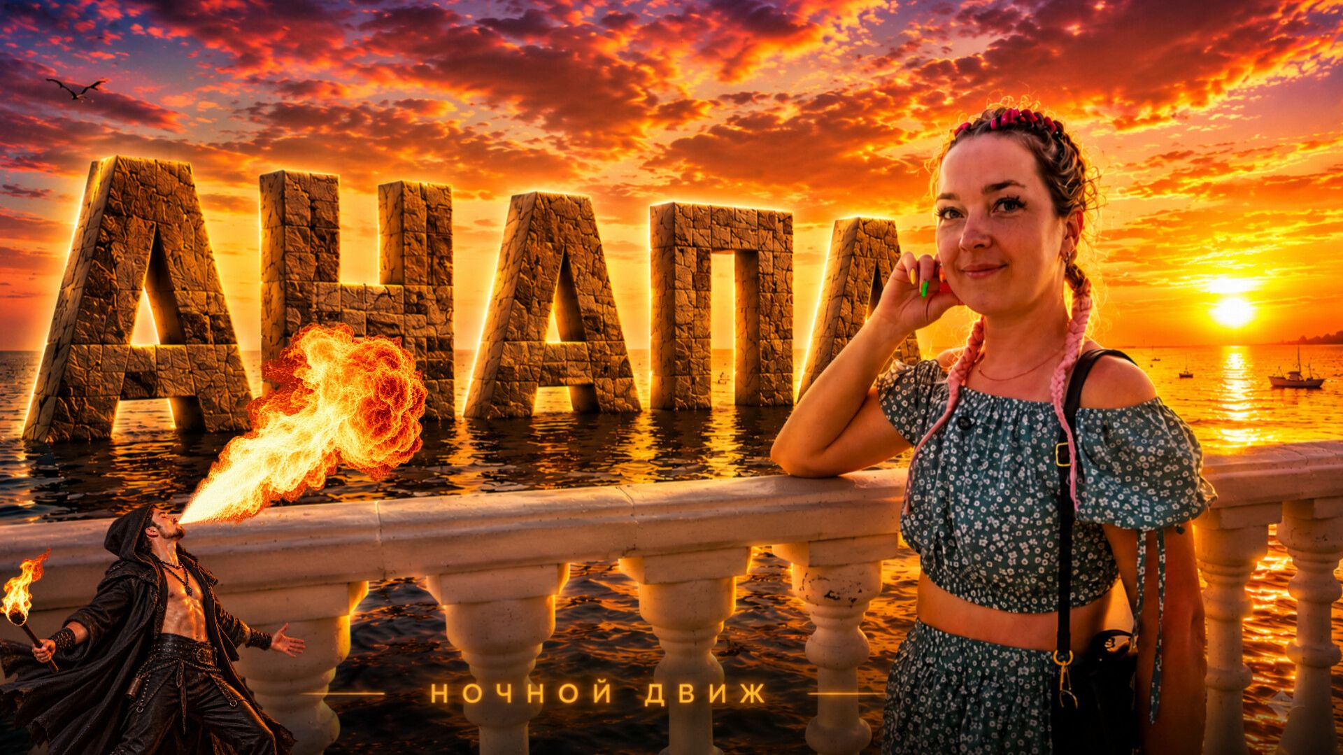 Анапа Вечером  Закат / Фаершоу / Музыканты / Искупался на Камнях