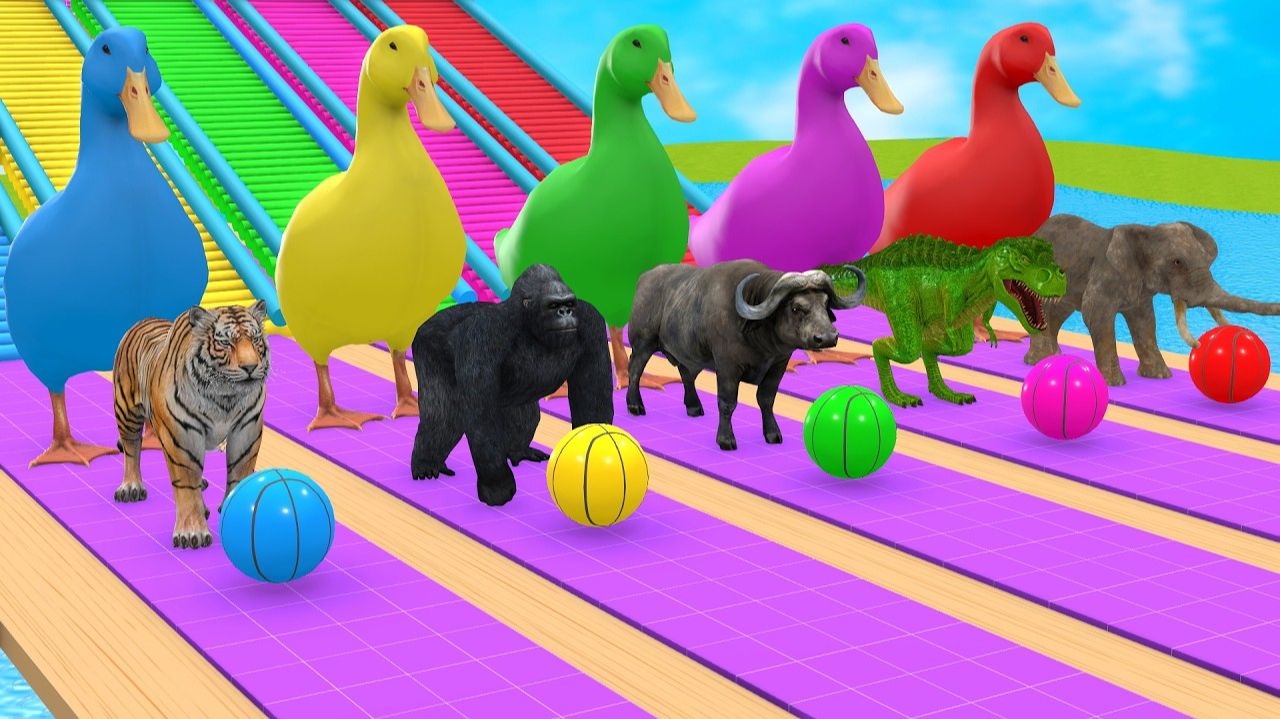 Мультики для детей - Игра с длинной горкой и 3D-животными динозавром, львом, коровой, бегемотом