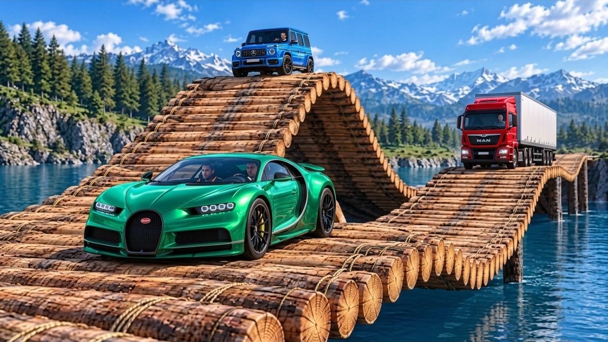 Испытание «Тачки против невозможного бревенчатого моста» в (BeamNG/Drive)