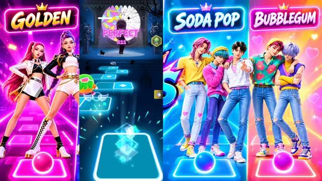 K-Pop Охотники на Демонов против Saja Boys в Tiles Hop! Эпичный Музыкальный Баттл 🎤🔥