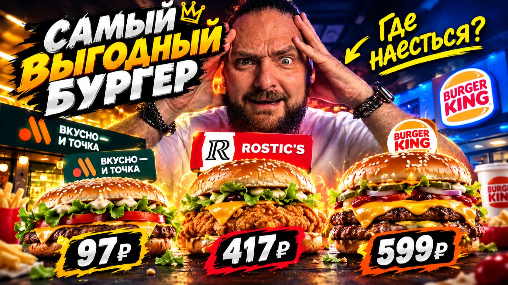 4 МЕЛКИХ или 1 БОЛЬШОЙ? Проверил ВЕС, КБЖУ и цену во Вкусно и Точка, Бургер Кинг, Ростикс