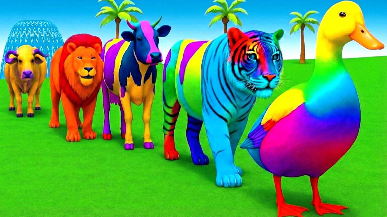 Мультики для детей - Забавная 3D-игра с длинной горкой и животными слонихой, гориллой, бегемотом