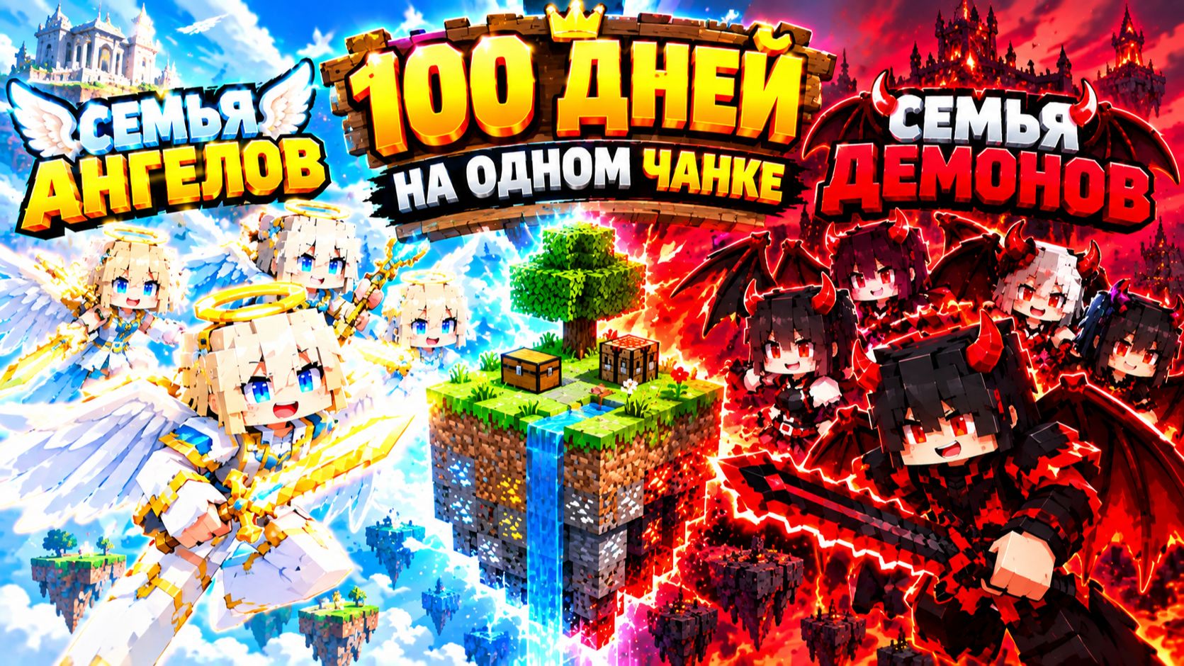 100 Дней СЕМЬЯ АНГЕЛОВ против СЕМЬИ ДЕМОНОВ на Одном Чанке в Майнкрафт!