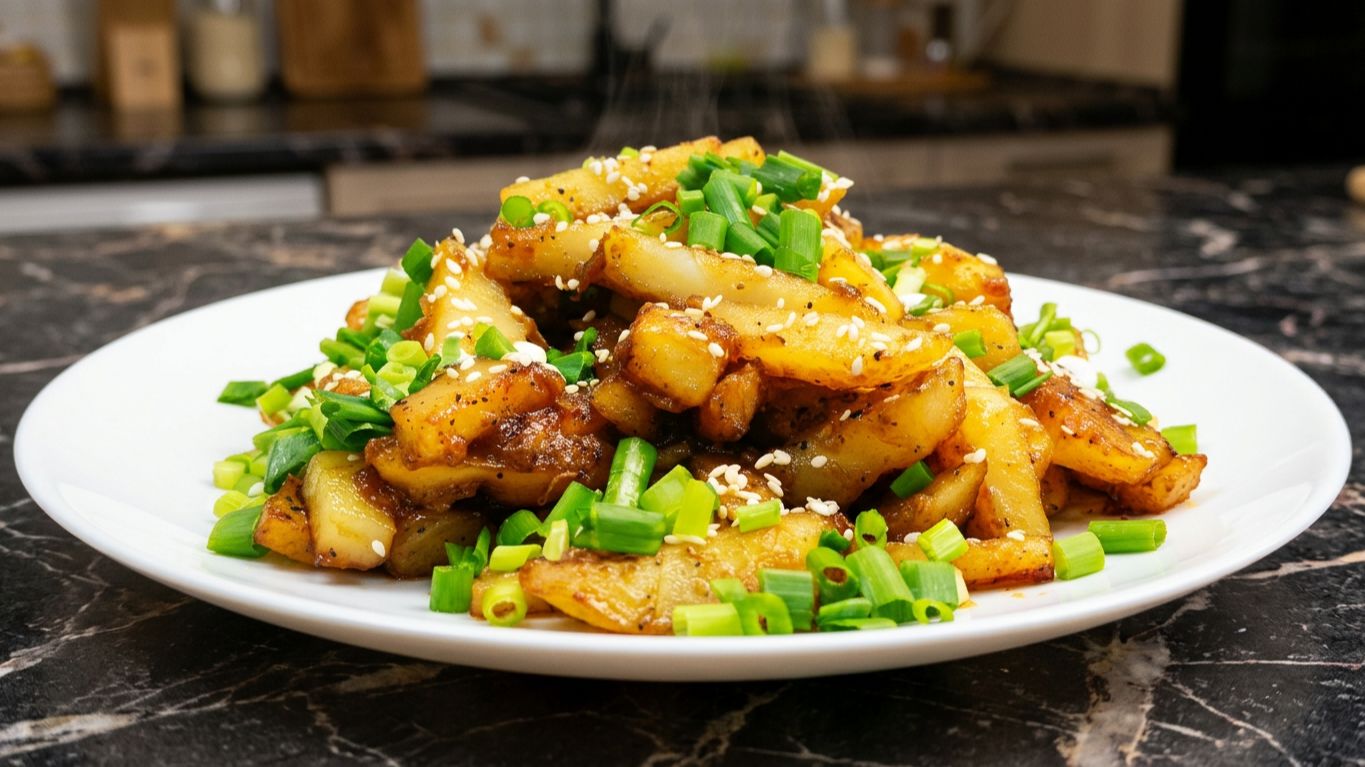 Жареная картошка с чесноком и мёдом. Жареная картошка в соевом соусе с кунжутом.
