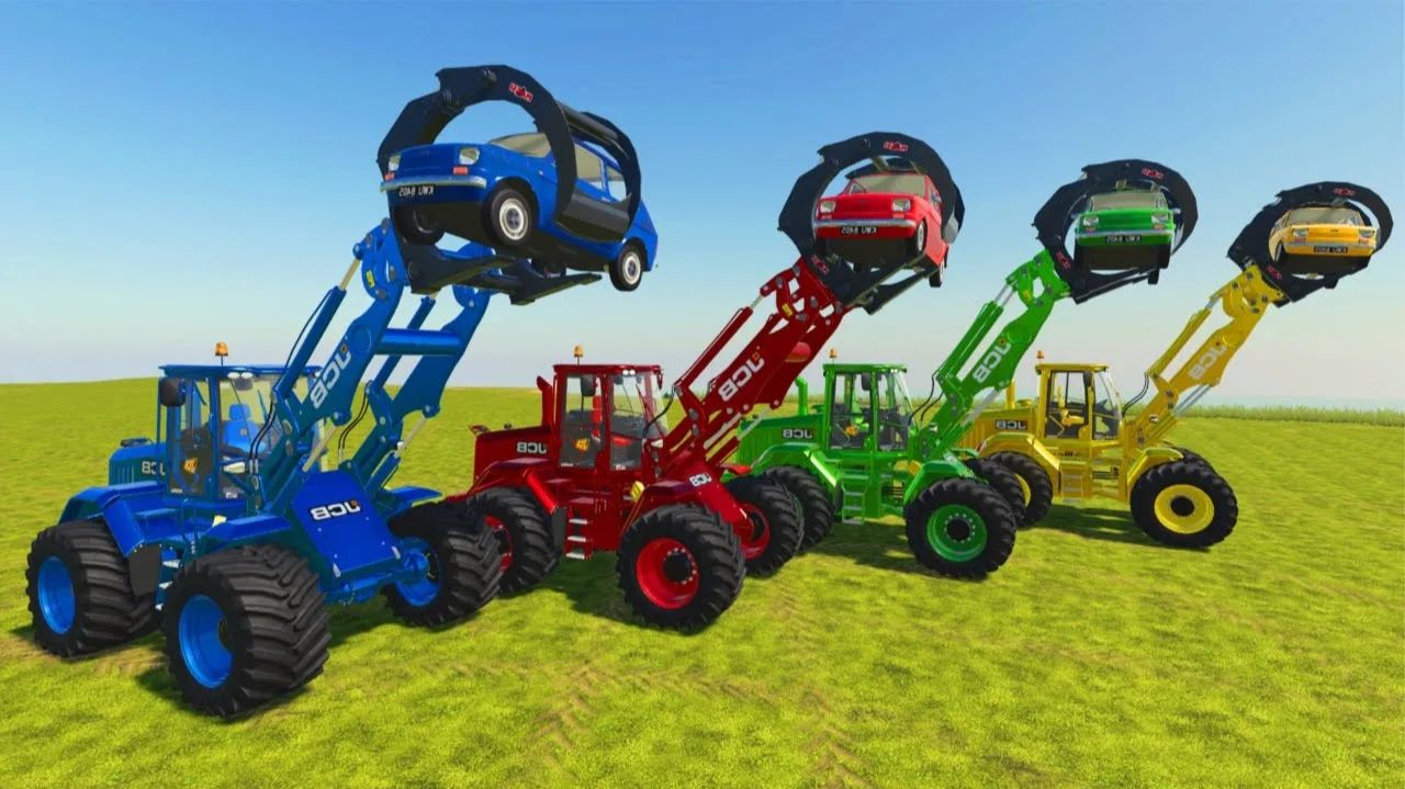 Цветные экскаваторы JCB перевозят мини-машинки в длинный трейлер!