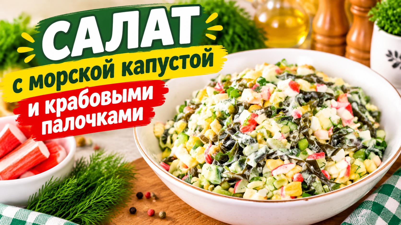 Салат с морской капустой и крабовыми палочками!