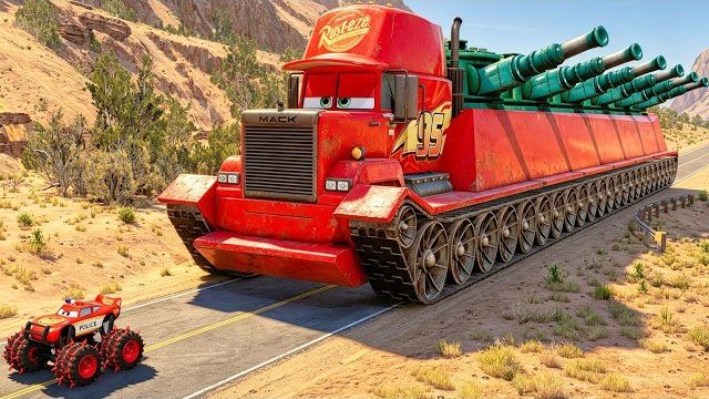 Огромный длинный грузовик Mack и танк БТР против большого и маленького Молнии Маккуина  BeamNG.drive
