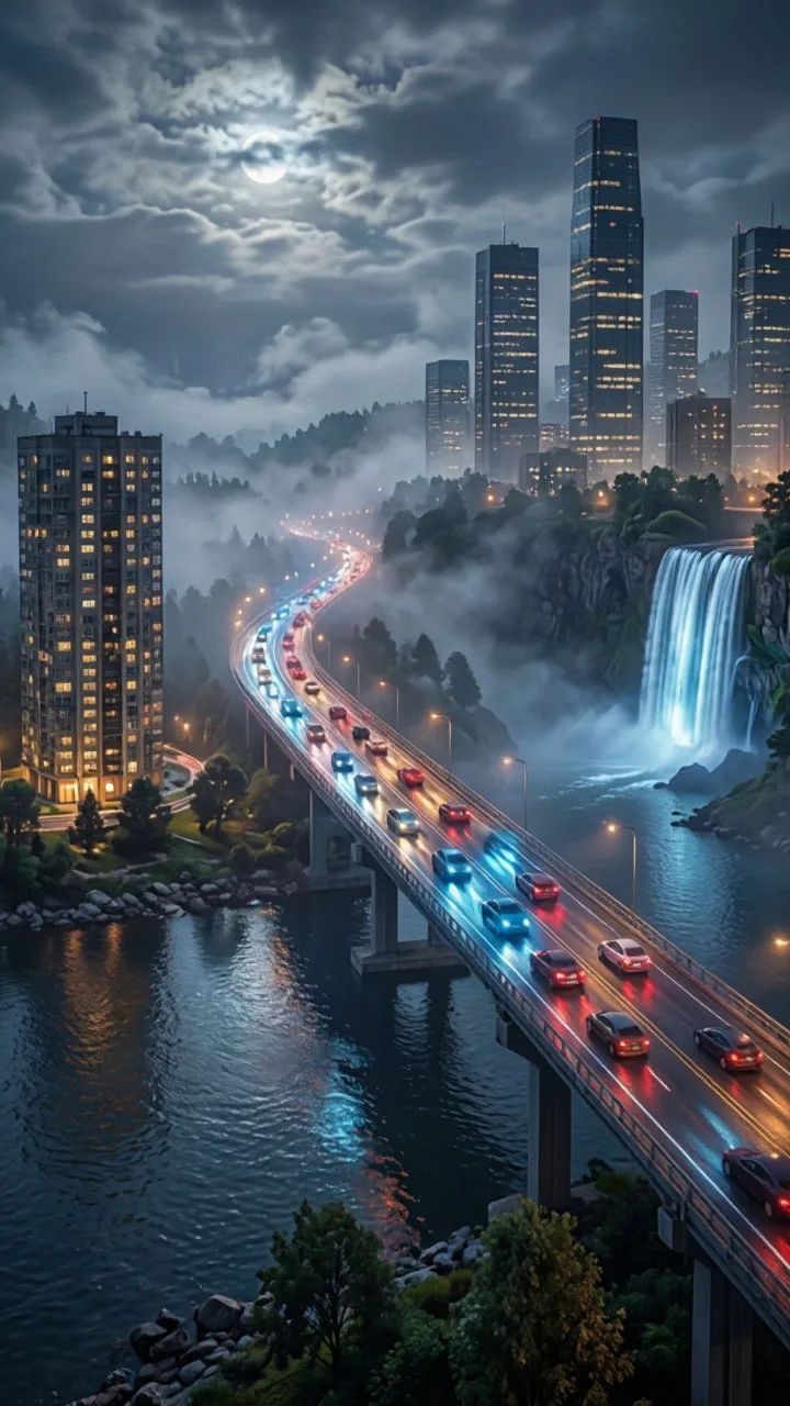 3D-модель моста, водопада и квартиры, освещённая ночными.