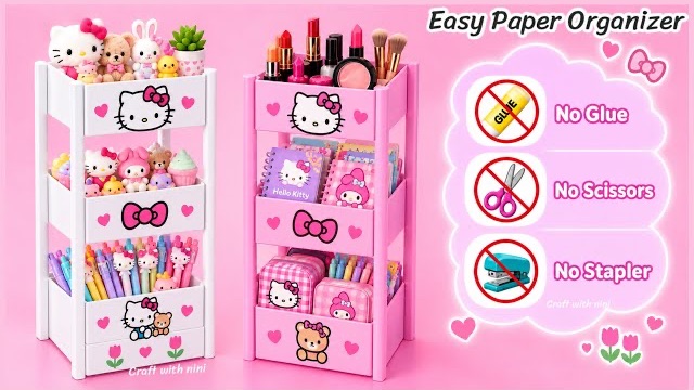 DIY Paper Organizer / No Glue No Scissors Paper Craft For School / Easy Origami Paper Box / Kawaii