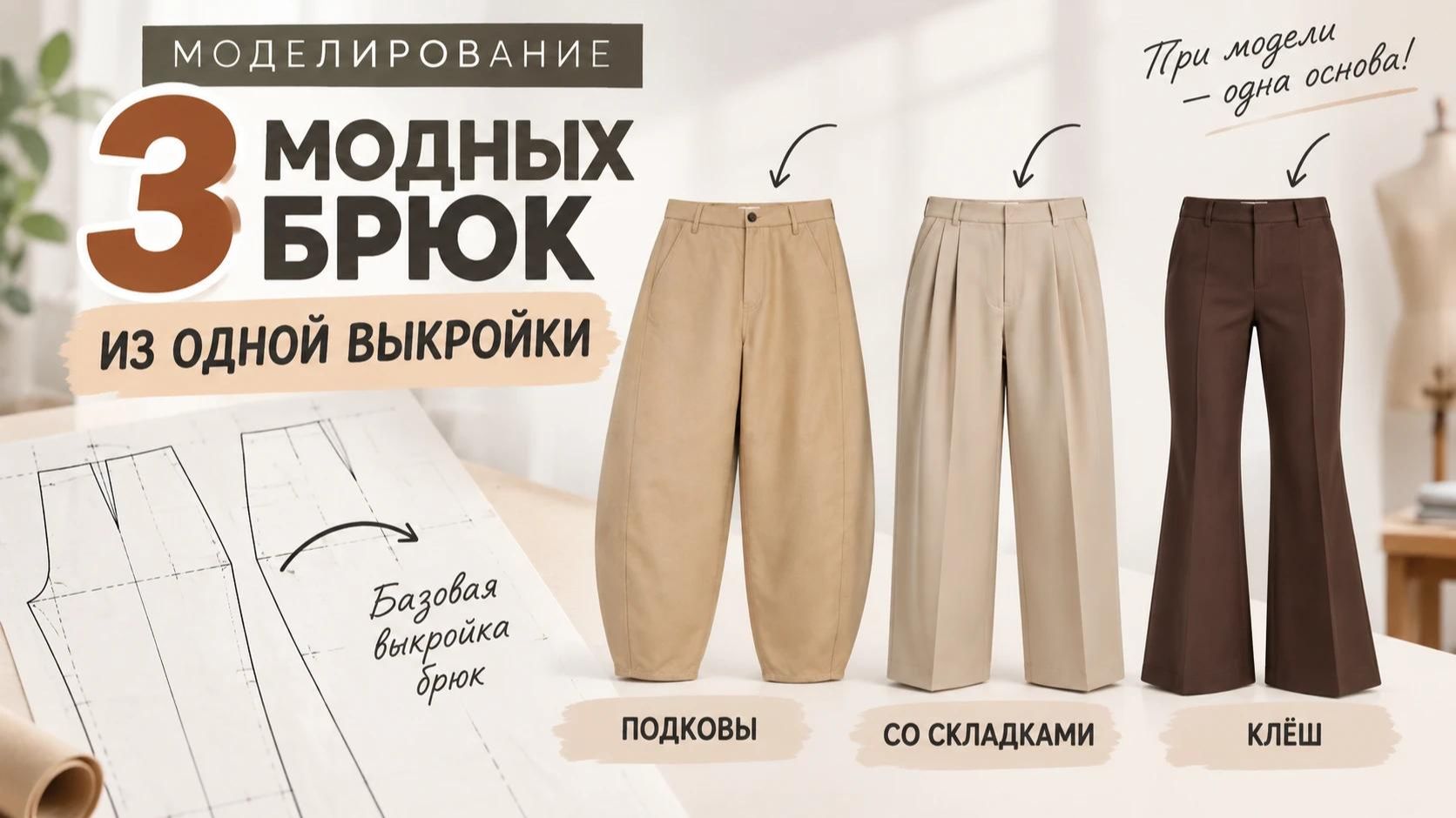 3 модели брюк из одной базовой выкройки: подковы, складки и клёш