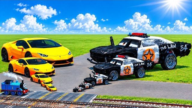 Большие и маленькие желтые Lamborghini против гигантских полицейских машин| BeamNG.Drive