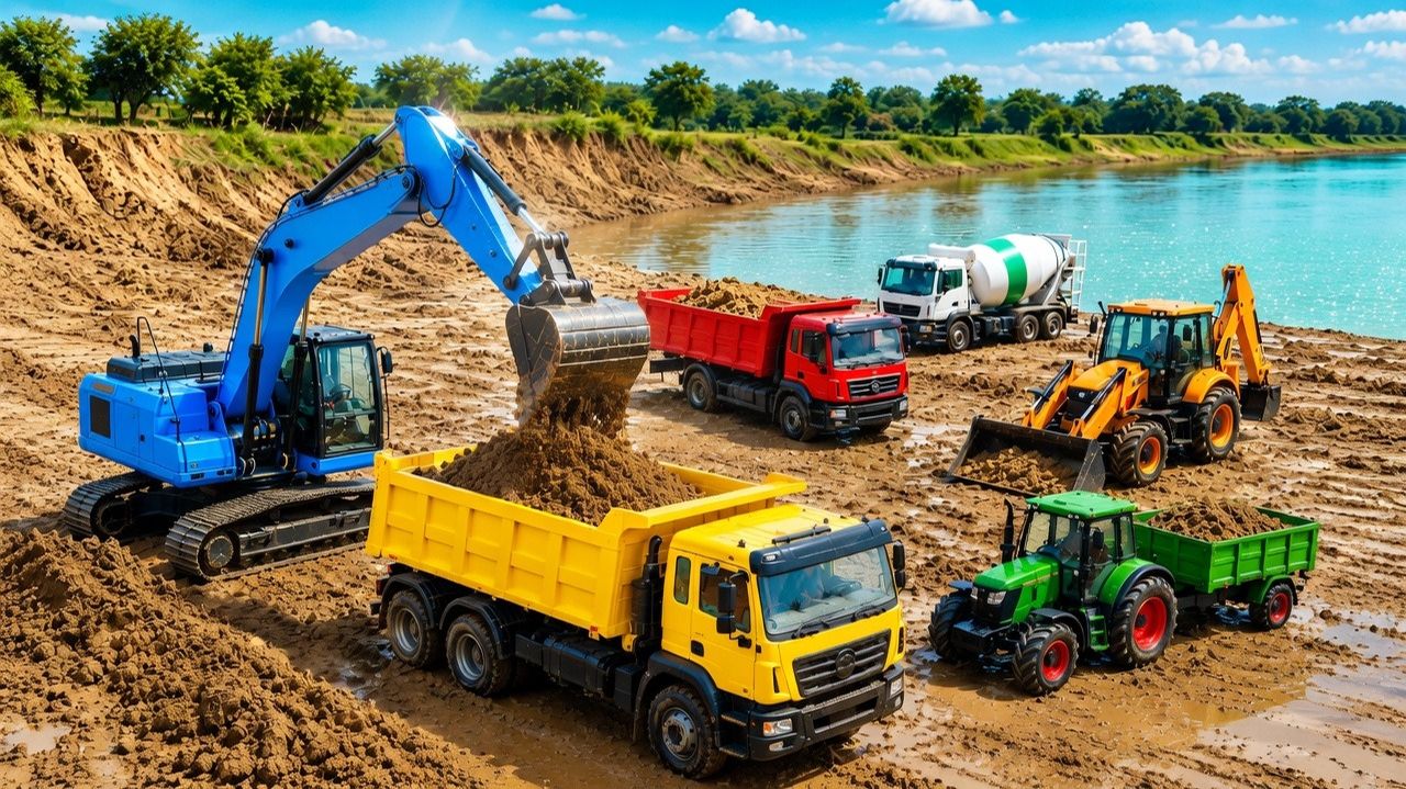 🚜 Трактор JCB загружает Грузовик грязью| Работа строительной техники. Игрушки 🚛 для детей. Машинки