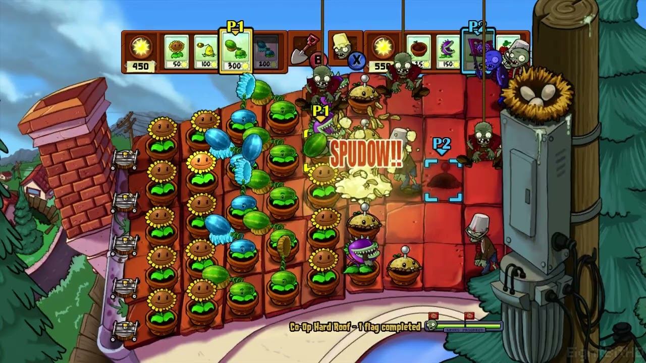 Plants Vs. Zombies [XBOX 360] [2 Player] Co-Op Survival Hard Roof Gameplay