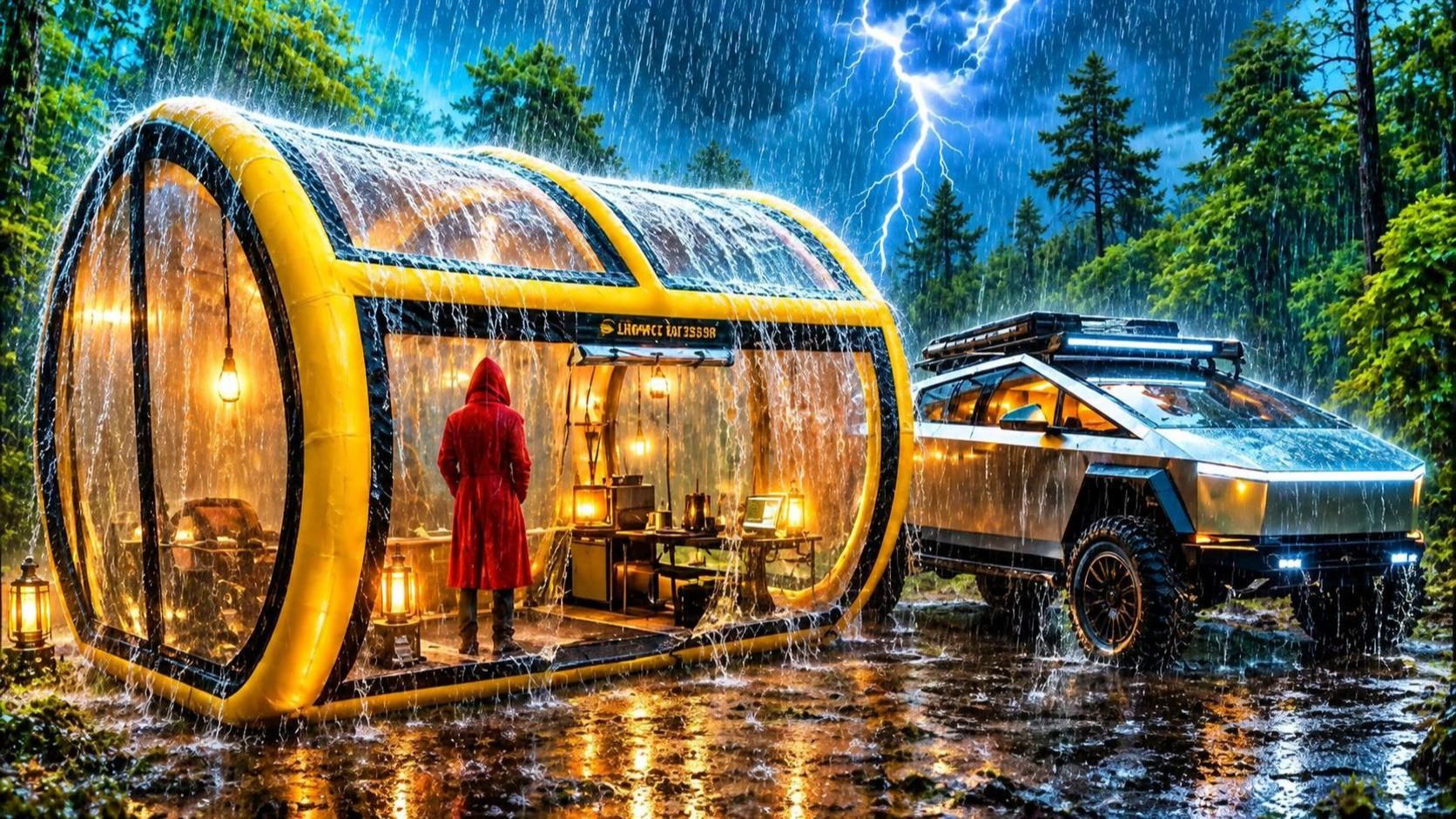 ⛈️ Роскошный кемпинг под проливным дождём с Тесла Кибертрак и надувной палаткой