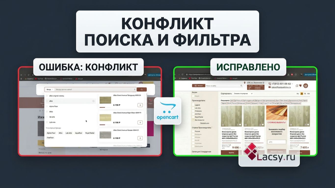 Доработка сайта компании Паркет плюс, конфликт фильтра opencart и умного поиска.