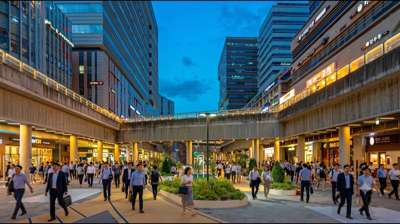 Seoul Evening Rush Hour Bustling Munjeong Business District Walk