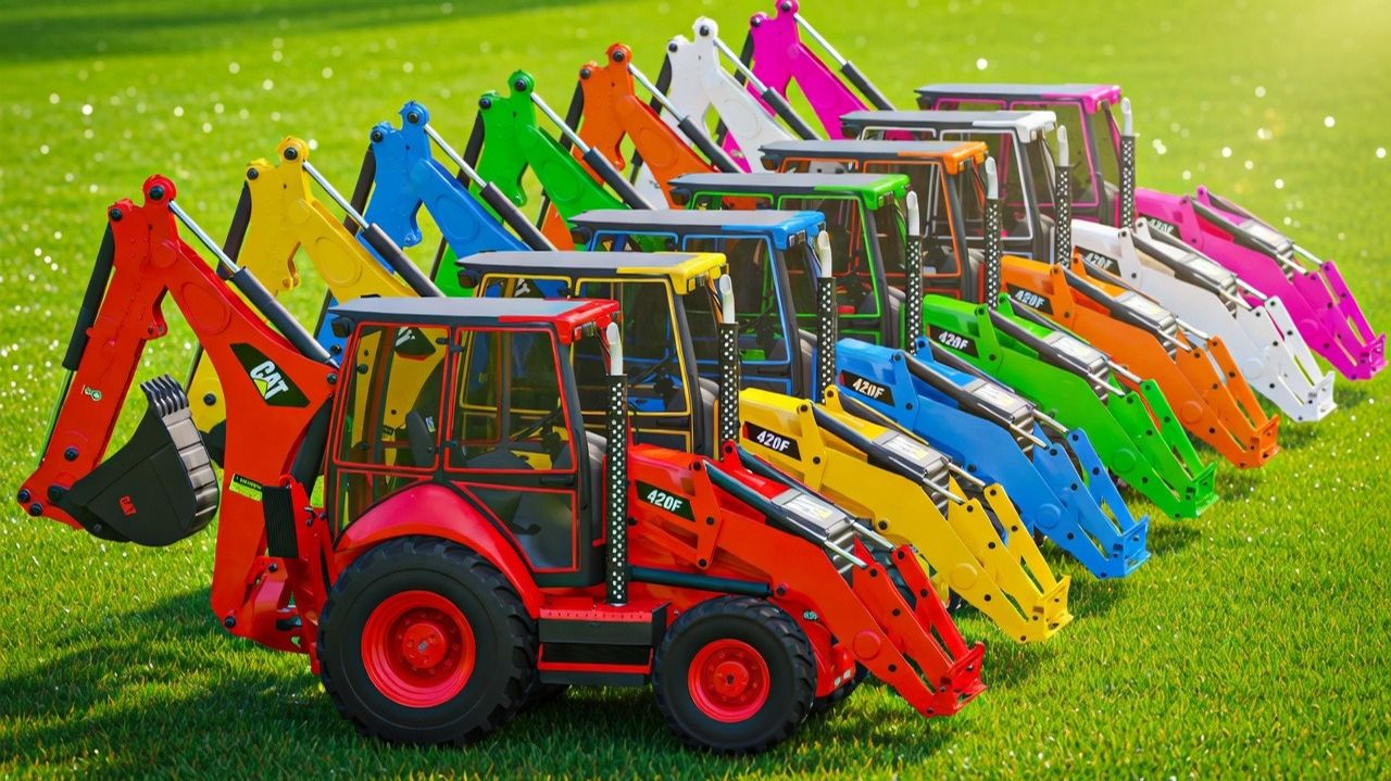 🚜 Разноцветные тракторы - РЕВЕРСИВНАЯ ОБРАБОТКА ПОЧВЫ с помощью экскаватора-погрузчика CAT. Машинки