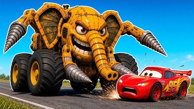 Маккуин и полиция против гигантского строительного монстр-трака с буром в BeamNG.drive