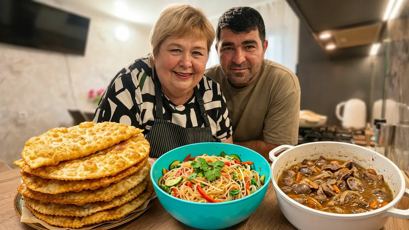 Нажарили гору чебуреков. Сафар помогает на кухне. Готовим вкусный обед фунчоза и куриные желудочки.