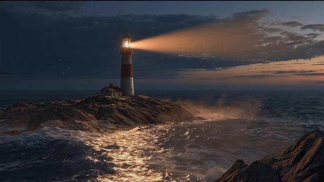 Маяк ночью 4K — шум моря и звуки волн (2 часа)