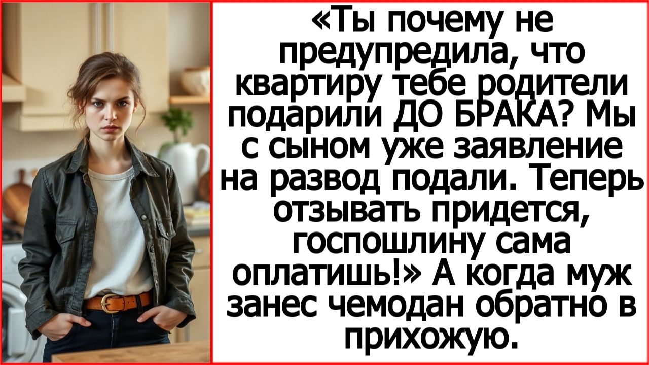 Ты почему не предупредила, что квартиру тебе родители подарили ДО БРАКА? Я уже разводиться хотел.