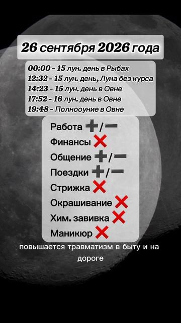 Гороскоп 26 сентября 2026 года, Полнолуние, лунный день