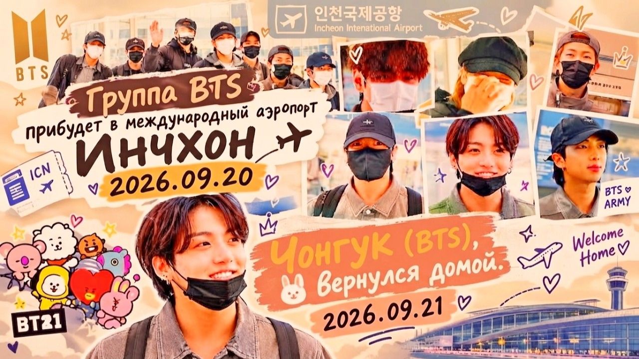 Группа BTS прибудет в международный аэропорт Инчхон 2026.09.20 • Чонгук (BTS),  дома.2026.09.21