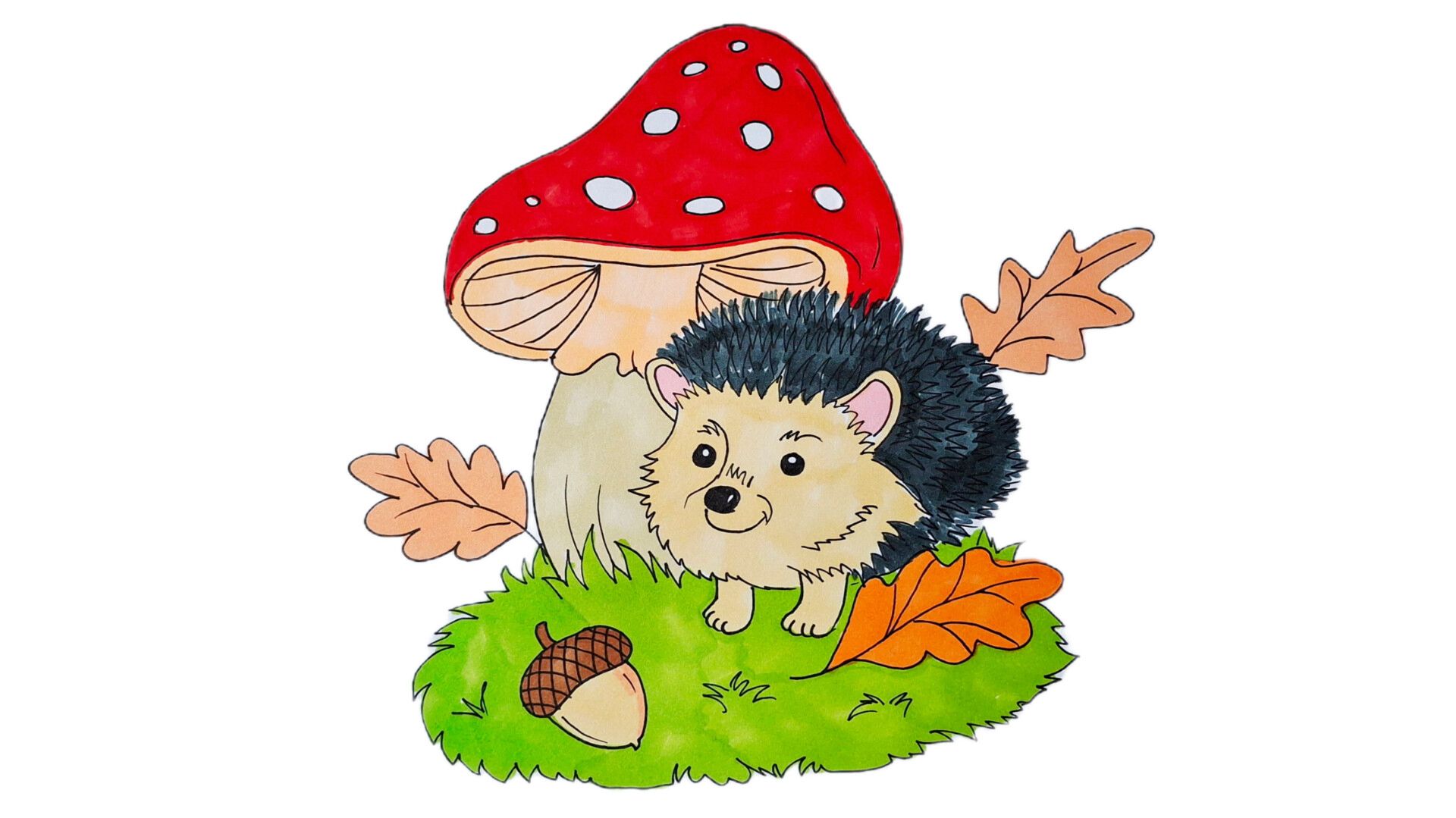 Рисуем милого Ёжика под грибочком! 🦔🍄 | Простой осенний урок рисования