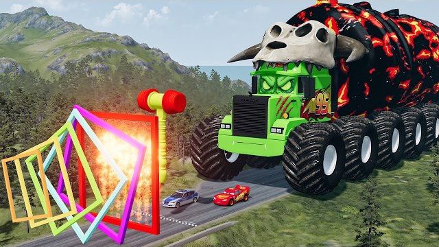 Гигантский ЛАВОВЫЙ ТАНКЕР MACK TRUCK Мак Трак ПРОТИВ машин Маккуина и полицейской машины