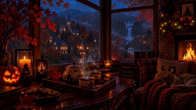 ДОЖДЛИВЫЙ ХЭЛЛОУИНСКИЙ ВЕЧЕР 🎃🌧️ КАМИН И УЮТ ДЛЯ СНА