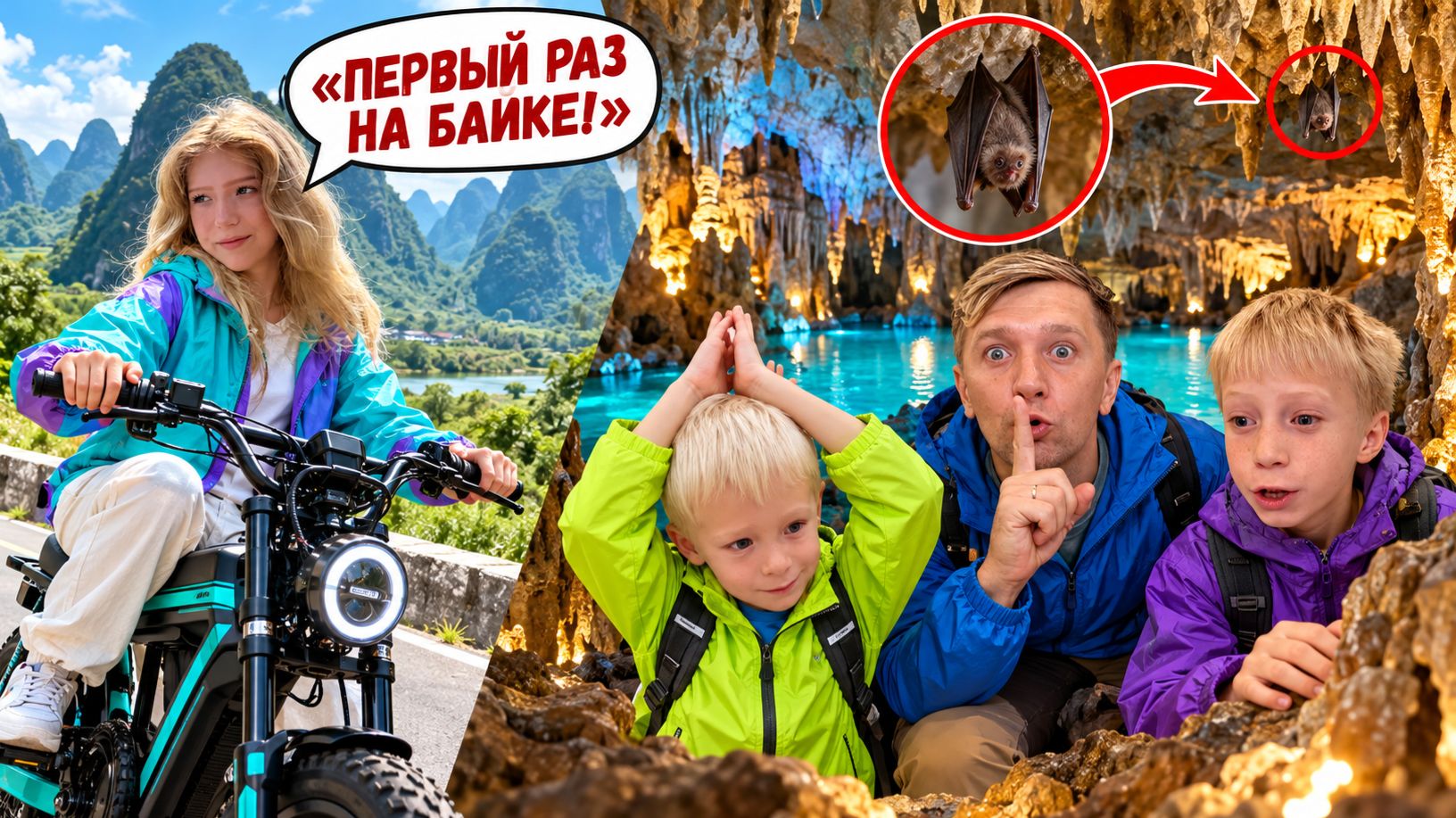 Странная Пещера в Яншо в Китае! Милана впервые села на Байк!