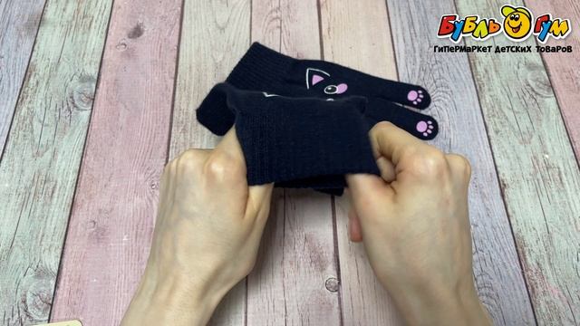 Перчатки Lanson Kids трикотажные теплые с изображением котика синие - видео