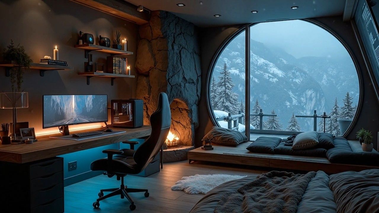 Chill Work Music - Deep Work In Cozy Winter Cabin With Gentle Snowfall And Crackling Fire