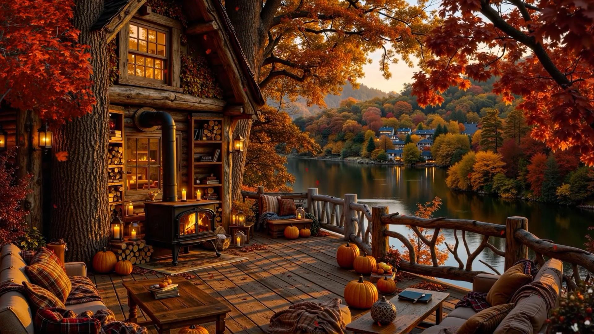 Осенняя веранда у озера 🍂🔥 уютный камин и атмосфера тишины для отдыха и сна