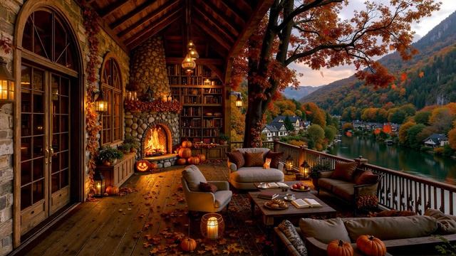 Уютный осенний вечер на веранде 🍁🪵 камин, озеро и расслабляющая атмосфера