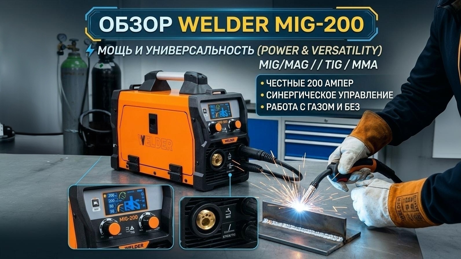 Обзор сварочного полуавтомата WELDER MIG-200 LCD. MIG, MMA, FLUX, TIG. Сварочная маска WELDER F10