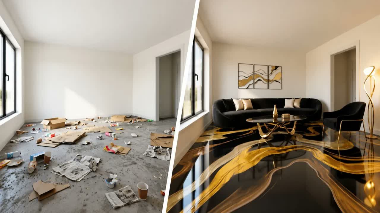 Satisfying GOLD & BLACK Epoxy Floor Transformation For A Luxury Look | Epoxy AI ASMR Timelapse