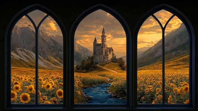 Medieval Castle In The Sunflower Fields 🌻🏰  Peaceful Window Ambience & Relaxing