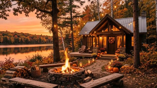Осенний домик у озера 🔥 Костёр, озеро и пение птиц для глубокого расслабления (ASMR - Без музыки)