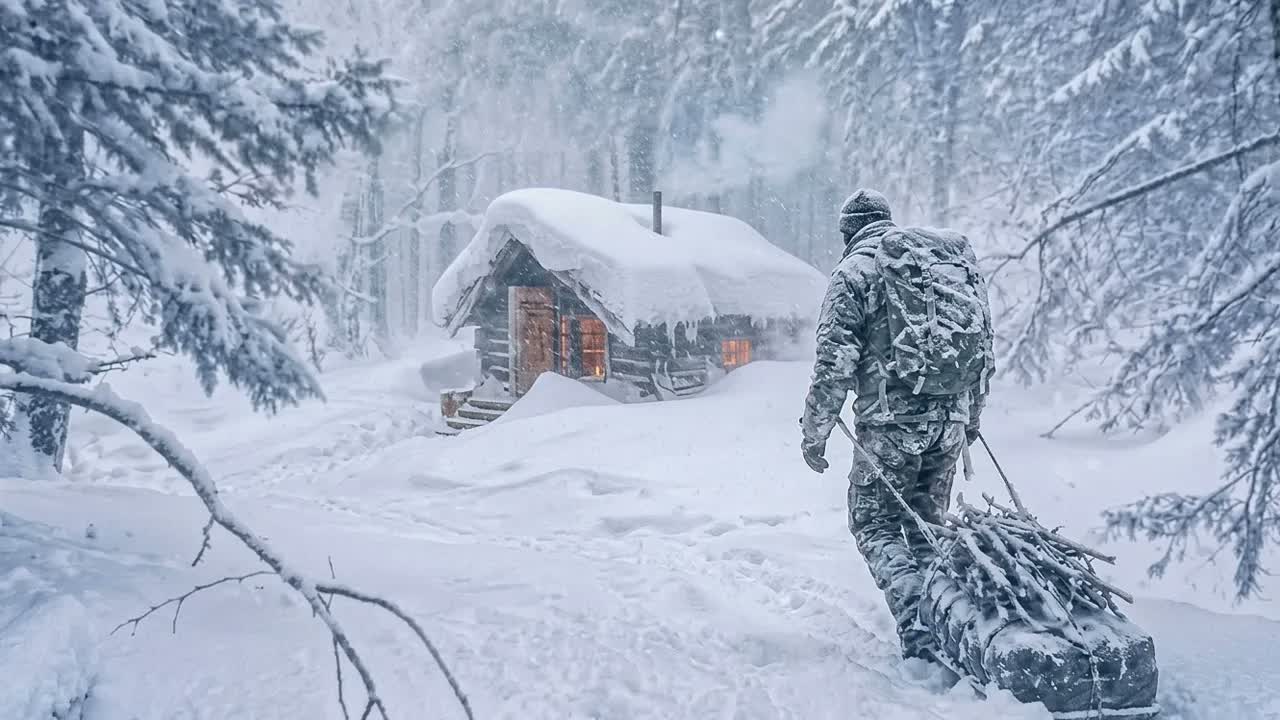 Сильный снегопад в деревянной хижине | Выживание в дикой природе