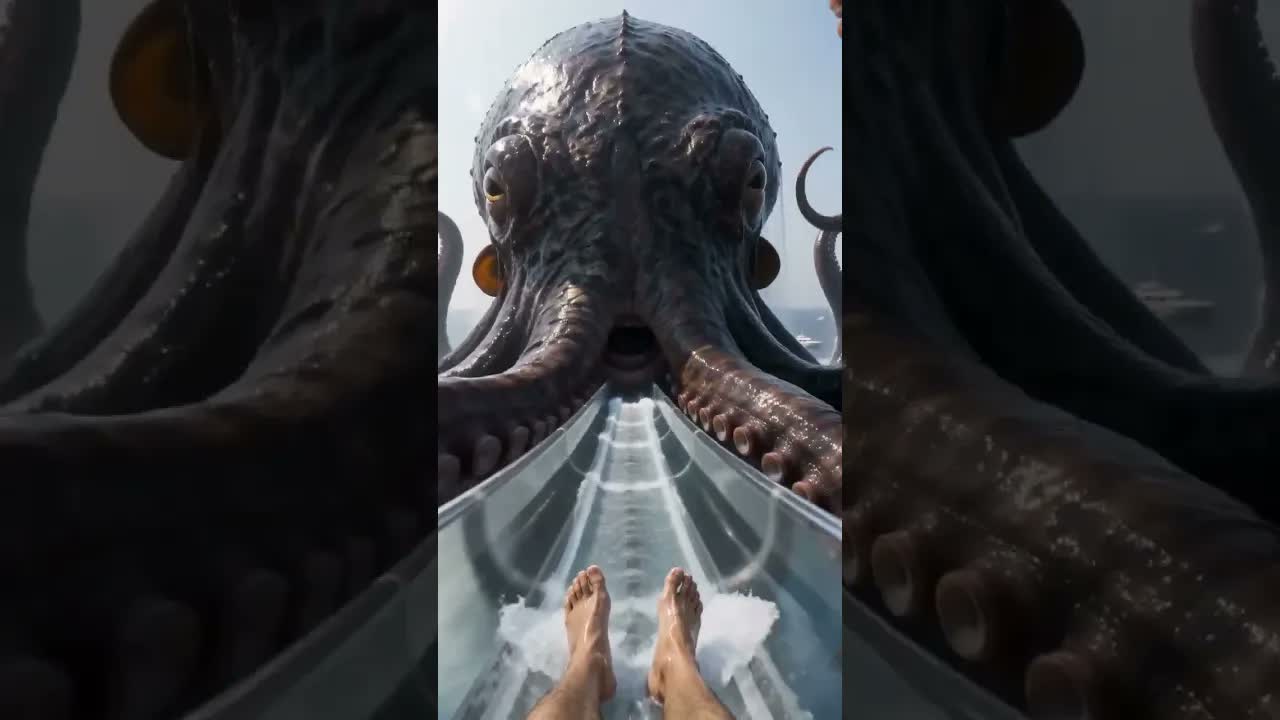 🐙THE GIANT OCTOPUS BELOW 😱🌊 #SeaMonster #WaterSlide #POV #Megalophobia #Scary  #Adrenaline #Shorts