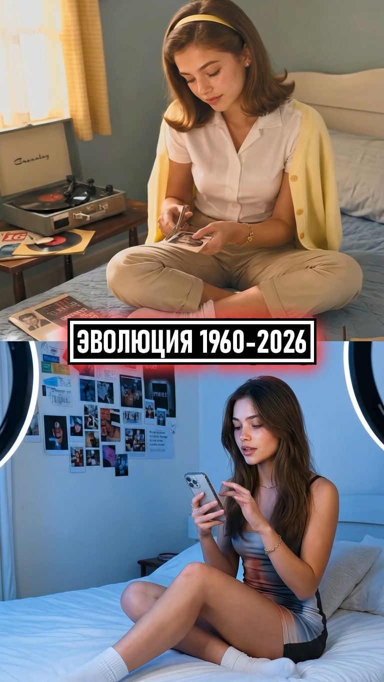 Девушка в спальне в разные года