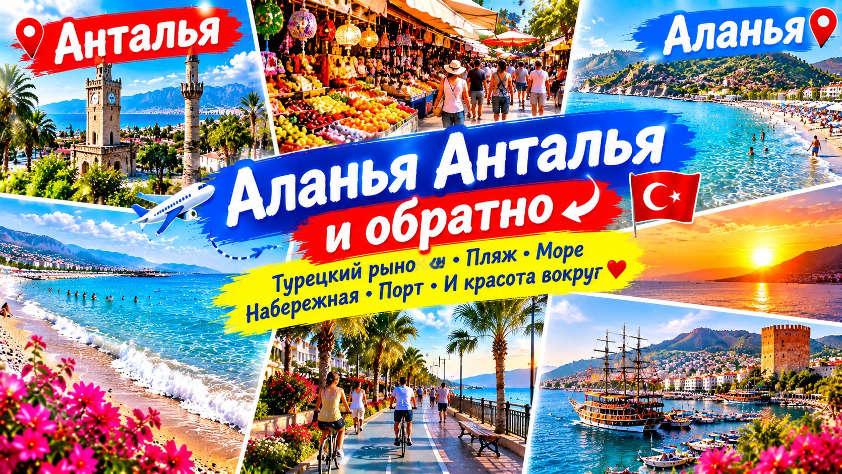 🌴 АЛАНЬЯ — АНТАЛЬЯ И ОБРАТНО 🇹🇷 Турецкий рынок, море, пляж, порт и красота вокруг 🌊